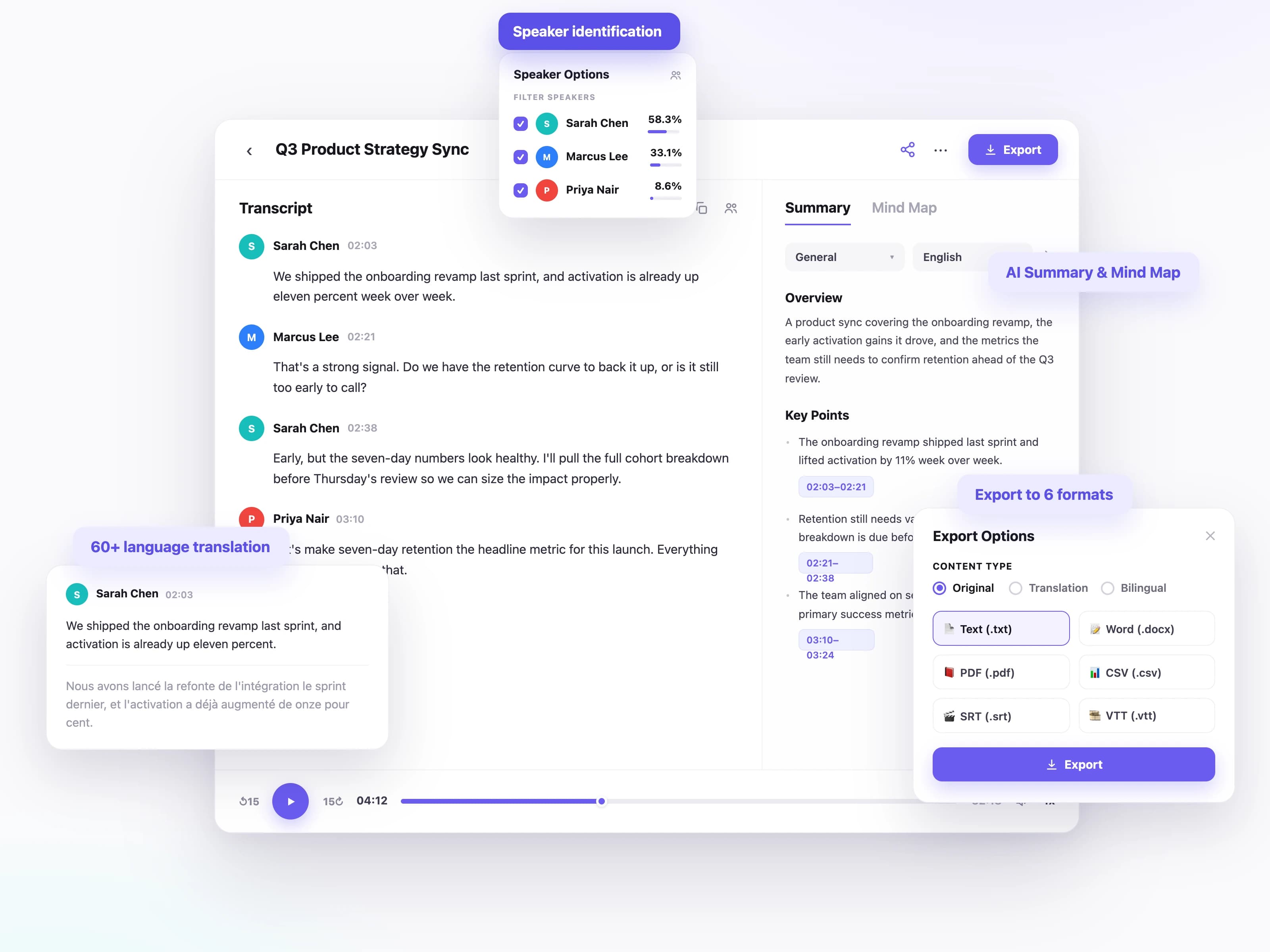UniScribe transcript workspace with speaker identification, translation, AI summary, mind map, and six export formats