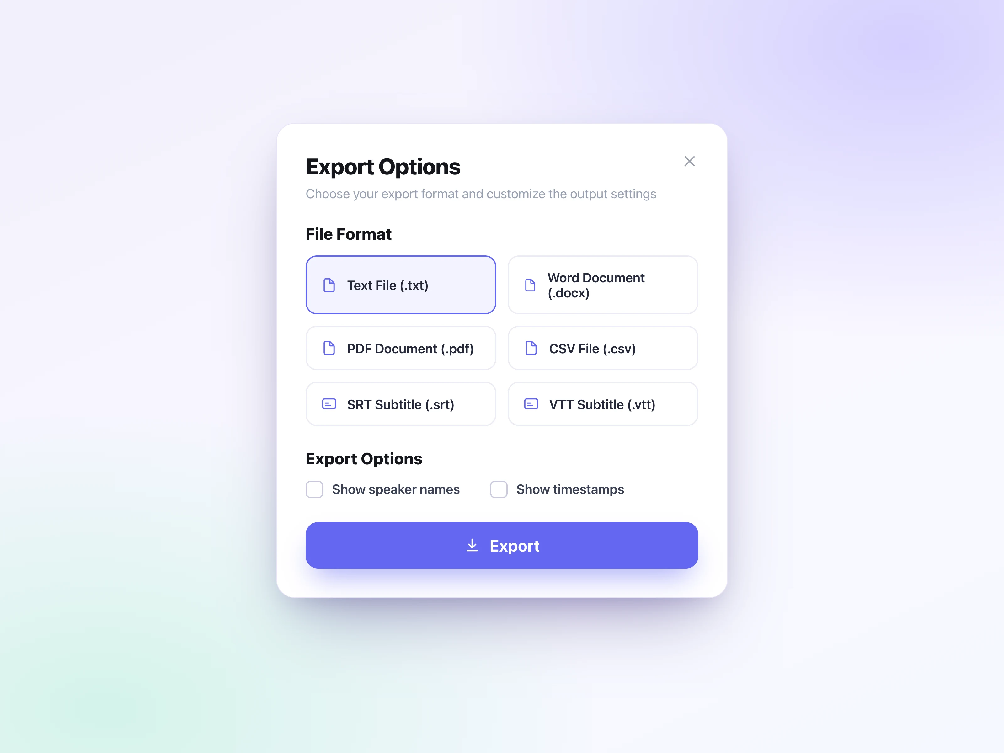 Export an audio transcript in multiple formats